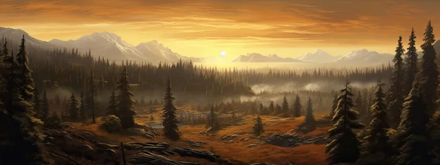 Photo sur Plexiglas Forêt dans le brouillard Beautiful illustration of stunning mountain range landscape with vibrant colours at sunset or sunrise
