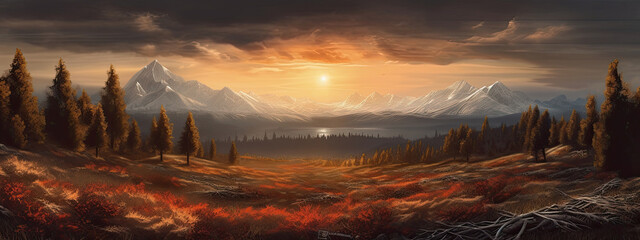 Beautiful illustration of stunning mountain range landscape with vibrant colours at sunset or sunrise - 749825417