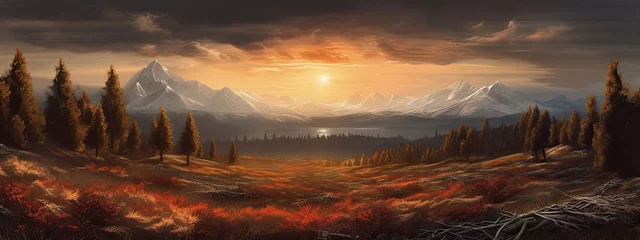 Fotobehang Beautiful illustration of stunning mountain range landscape with vibrant colours at sunset or sunrise © veneratio