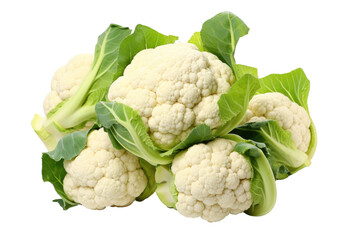 A Pile of Cauliflower. A collection of cauliflower heads stacked haphazardly on a clean, white surface. on White or PNG Transparent Background.