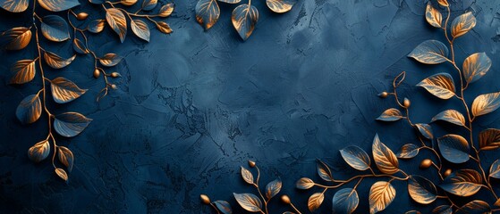 Midnight blue canvas with gold and gray plant outlines, mysterious allure - obrazy, fototapety, plakaty