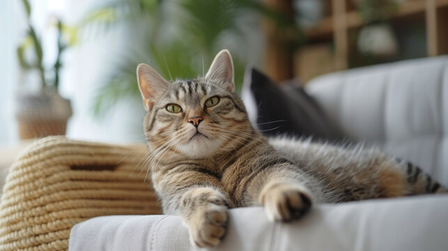 Domestic cat lying relaxed on a couch, looking at the camera with a serene gaze. It's in a cozy home environment with natural light filtering through the window.