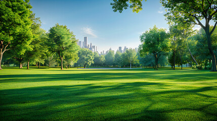 Urban Serenity: Skyscrapers, Green Lawn, and Natures Beauty Creating a Harmonious Cityscape