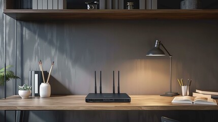 Minimalist home office with a sleek, modern router on the desk - obrazy, fototapety, plakaty