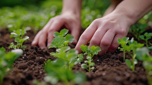 Close-up of hands gently planting young seedlings in rich soil, signifying growth, care, and sustainable agriculture.