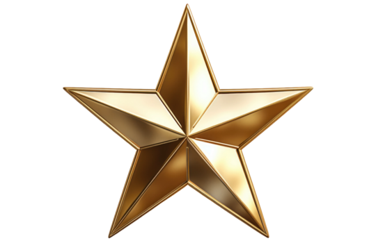Gold Star Ornament. A shiny gold star ornament is placed on a plain white background, creating a simple and elegant look. The star reflects light, adding a touch of brightness to the scene.