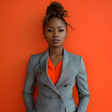 African Woman Posing Against an Orange Wall in a Grey Suit