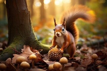 A squirrel gathering acorns for winter with a backdrop of trees, Red squirrel, scours vulgaris,...
