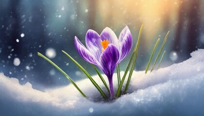 spring crocus flowers in the snow, art design