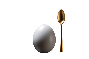 Spoon and Egg. A stainless steel spoon rests beside a delicate brown egg on a clean white surface. The spoon appears to be gently cradling the egg, highlighting their size contrast and textures.