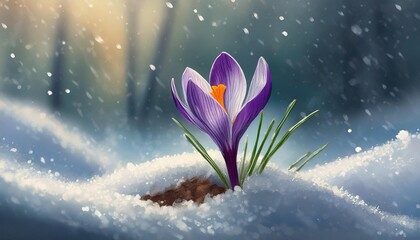 spring crocus flowers in the snow, art design