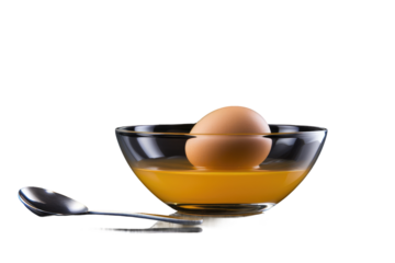 Bowl of Eggs and Spoon. A minimalist composition featuring a white bowl filled with eggs next to a metallic spoon. The eggs are whole and uncrack ready to be used for cooking or baking.