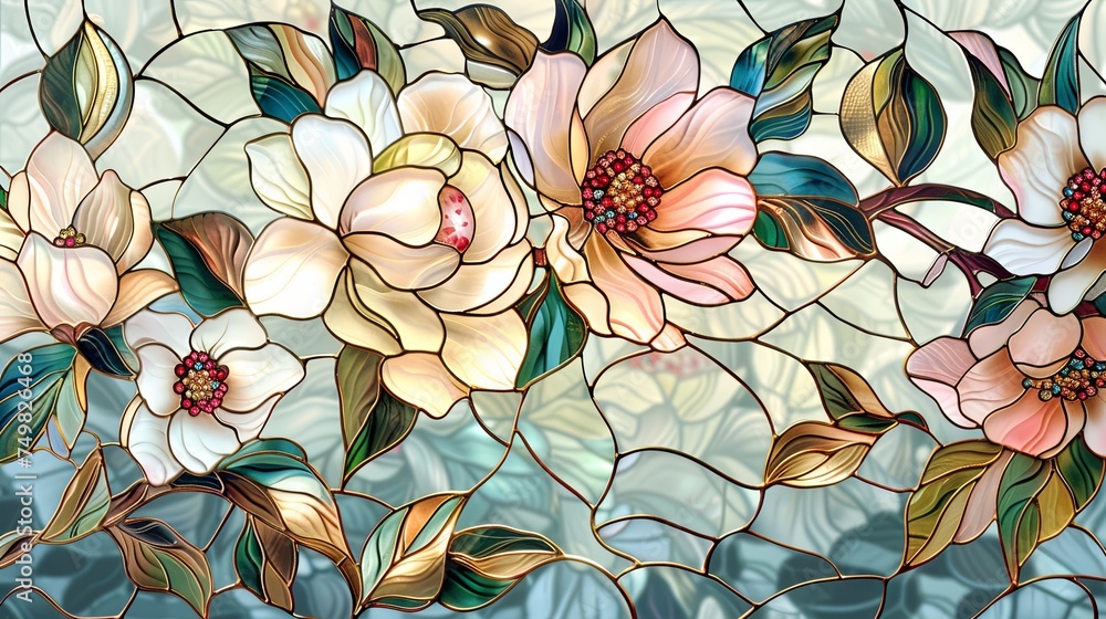 Wall mural Stained glass window background with colorful Flower and Leaf abstract.