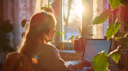 girl sits indoors and works at a laptop wearing headphones. 