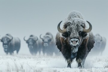 Musk oxen standing firm against a snowstorm, survival essence - obrazy, fototapety, plakaty