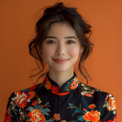 Asian Woman in Floral Pattern Blouse Posing Against Orange Wall