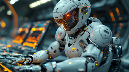 Fototapeta premium An array of sophisticated robots working seamlessly on an assembly line within a modern, smart factory environment.