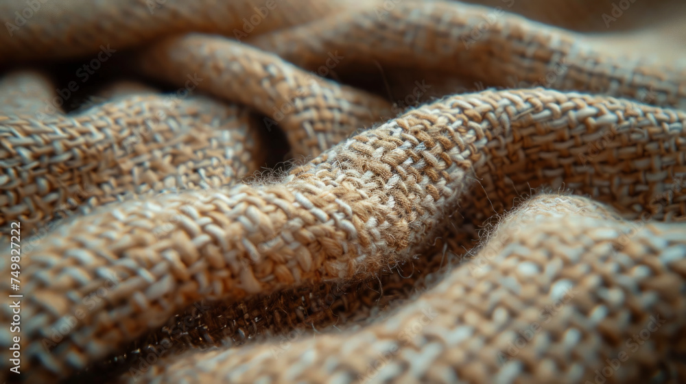 Poster close-up of textured burlap fabric, with intricate woven patterns creating an abstract landscape of 