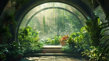 Organic podium, greenhouse full of exotic plants, nature embrace