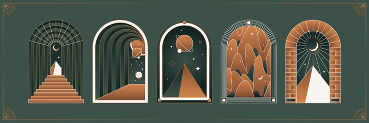 Boho frame arch vector illustration modern minimalistic retro aesthetic linear arc portal logo bohemian design element mystical geometric abstract border