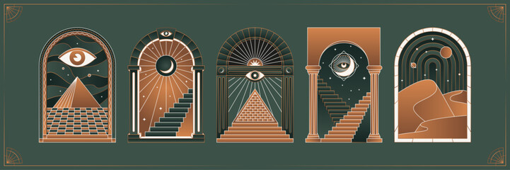 Boho frame arch vector illustration modern minimalistic retro aesthetic linear arc portal logo bohemian design element mystical geometric abstract border