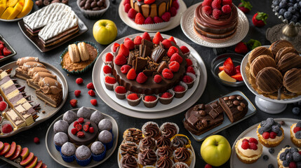 chocolate cake, fruit tarts, macarons, cupcakes, and chocolate