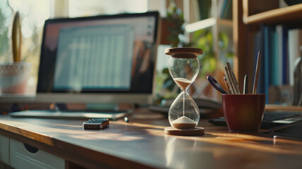 Fototapeta na wymiar Hourglass on a desk counting down time amidst a work session.
