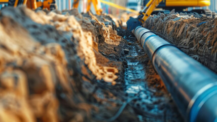 Intense construction of pipeline, showcasing industrial might and excavation.