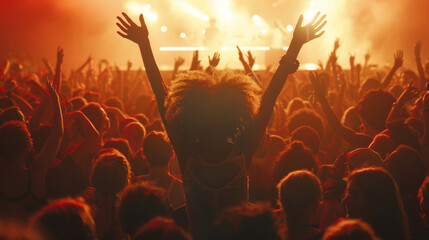 Silhouette of a person with raised hands at a concert with a crowd and bright stage lights