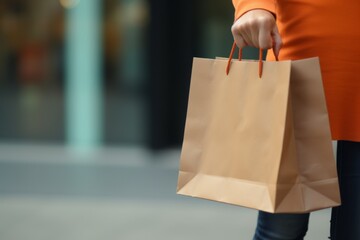 Close up unrecognizable person happy customer hand holding paper bag shopper shopping discount outdoors blurred city street background online order delivery purchase Black Friday sale offer copy space