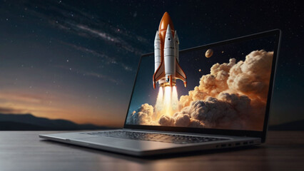 Rocket launch from laptop screen. Rocket taking off. Business Start up, Launching new product or service. Successful start-up