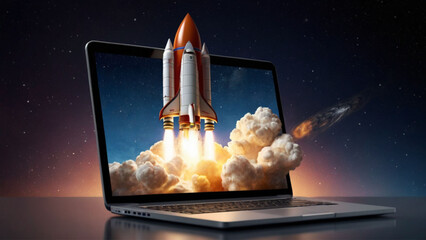 Rocket launch from laptop screen. Rocket taking off. Business Start up, Launching new product or service. Successful start-up