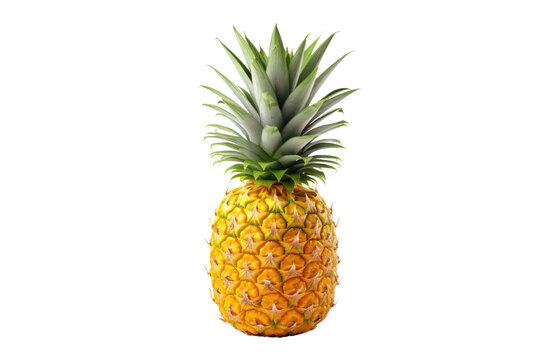 A Pineapple. An image featuring a ripe pineapple placed on a clean white background. The pineapple its unique texture crown of leaves and prickly skin standing out against the minimalist backdrop.