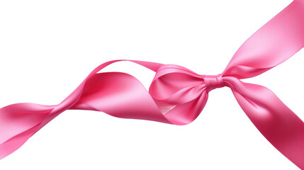 Pink Ribbon With Bow. A pink ribbon tied into a delicate bow rests on a plain white background. The ribbon is neatly arranged, showcasing its soft color and elegant design.