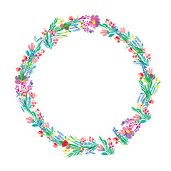 Fototapeta na wymiar Floral wreath on white background. Bright colorful spring flowers. Vector floral frame template.