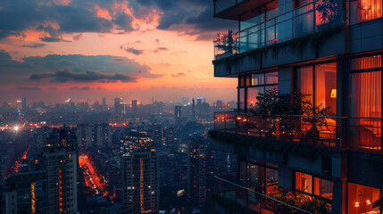Evening view of a cityscape from a high-rise balcony showcasing the glowing lights of buildings, streets, and the dramatic sky at dusk reflecting off the glass balconies. - obrazy, fototapety, plakaty