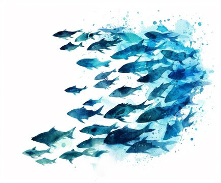 Silhouette of abstract fish swarm, underwater watercolor world