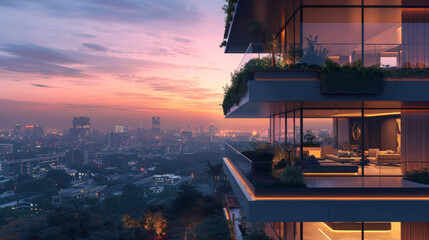 Luxury balcony view of a modern apartment overlooking a city at dusk, with city lights starting to glow under a colorful sunset sky. - obrazy, fototapety, plakaty