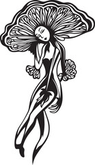 Beautiful Woman.Mushroom. Fairy-tale character girl holding a huge mushroom. with a mushroom hat. Fairy tale, drawing for children's book. Vector Ready to laser, vinyl cutting. Line art