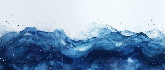 Silhouette of abstract waves, deep blue watercolor ocean