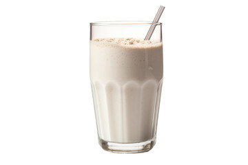 A Glass of Milk With a Straw. A white glass filled with milk, a clear straw sticking out of it. The straw is partially submerged in the milk, indicating it has been used.