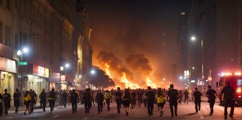 Obraz premium Firefighters evacuated the city center. Generative AI