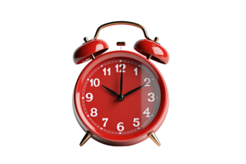 Red Alarm Clock. A red alarm clock with black hands and numbers sits on a clean, white background. The clock face shows the time and the clock is set on a flat surface.