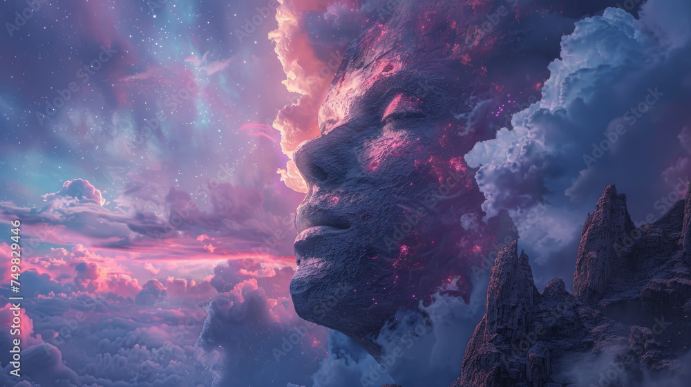 Poster a surreal image blending elements of nature and a human face. the face is seamlessly integrated with