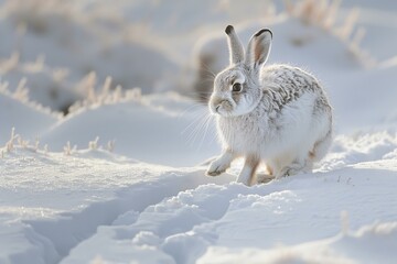 Obraz premium Snowshoe hare on fresh snow, delicate tracks trailing, soft dusk light