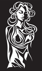 Beautiful girl with long hair. Vector illustration in black and white. Vector Ready to laser, vinyl cutting 