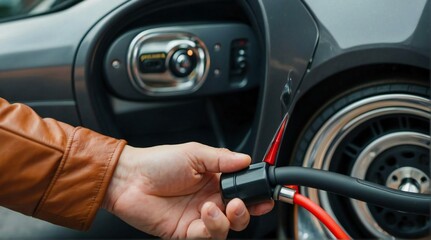 close up of hands charging an electric car at a charging station. generative ai