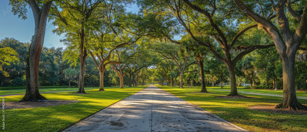 Poster a serene pathway lined with towering trees and sprawling branches in a lush park, with sunlight filt