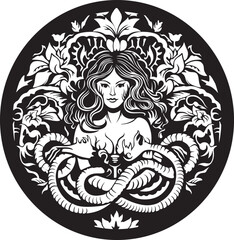 Creative Medusa head snake. Girl jellyfish gorgon. Snakes and snakeskin. Beautiful girl with long hair. Logo with flowers and woman. Vector illustration of medusa face and snake 