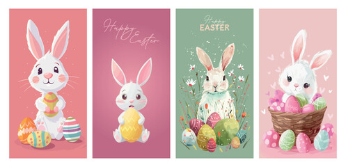Cute Easter bunnies with colorful eggs illustration set
